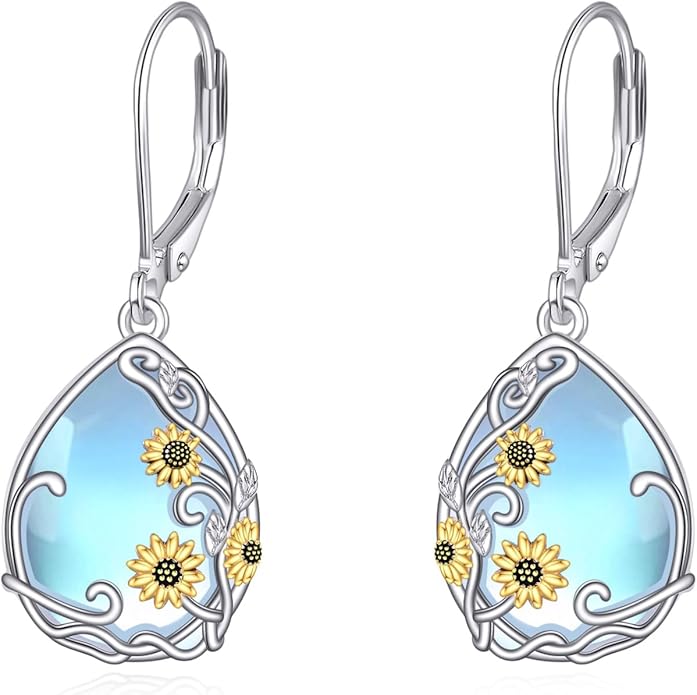 VONALA Sunflower Earring for Women 925 Sterling Silver Teardrop Moonstone Dangle Earring Leverback Sunflower Jewelry Birthday Gifts for Her