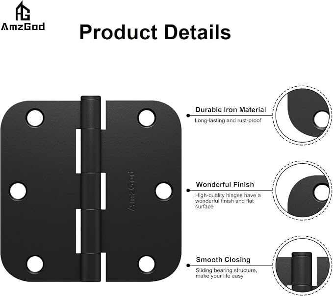 Door Hinges Matte Black 3.5 Inch Rounded 5/8" Radius 42 Pack | Black Interior - Image 4