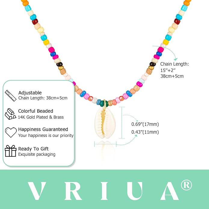 VRIUA Colorful Beaded Necklaces for Women – Summer Beach Boho Starfish, Conch, Shell, Pearl, Palm tree Pendant Necklace Jewelry