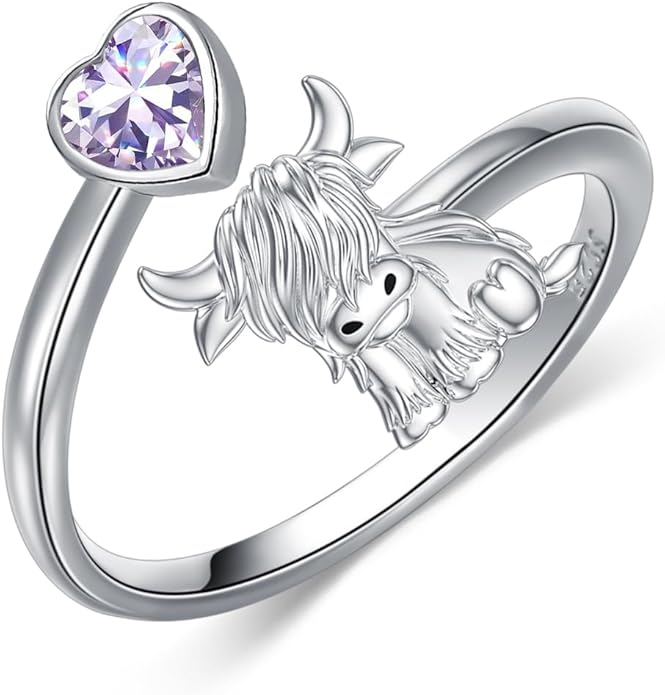 Highland Cow Ring 925 Sterling Silver Adjustable Ring Birthstone Ring Engraved Name Highland Cow Gifts Jewelry for Women