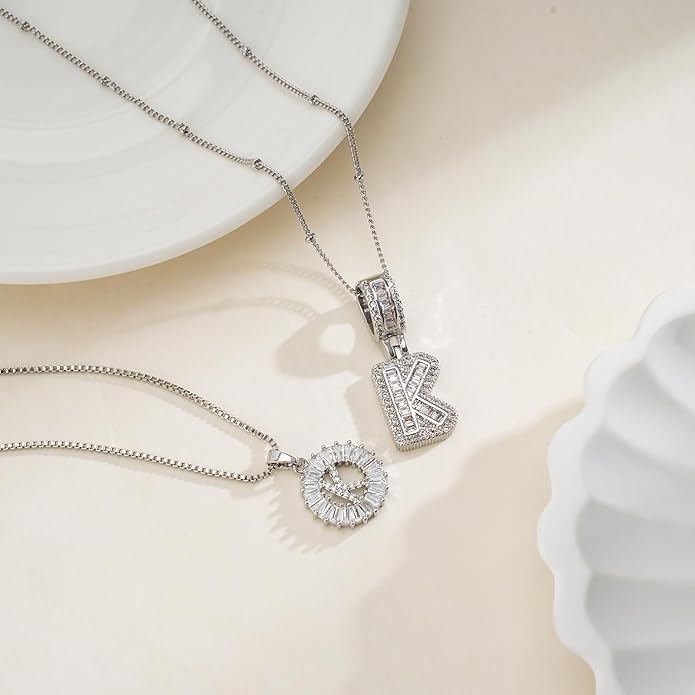 Initial Letter Necklace for Women 14k White Gold Silver Plated Dainty Necklaces Trendy Chunky Custom Layered Necklace Set Personalized Round Circle Zirconia A-Z Letter Chain Pendant Jewelry Gift