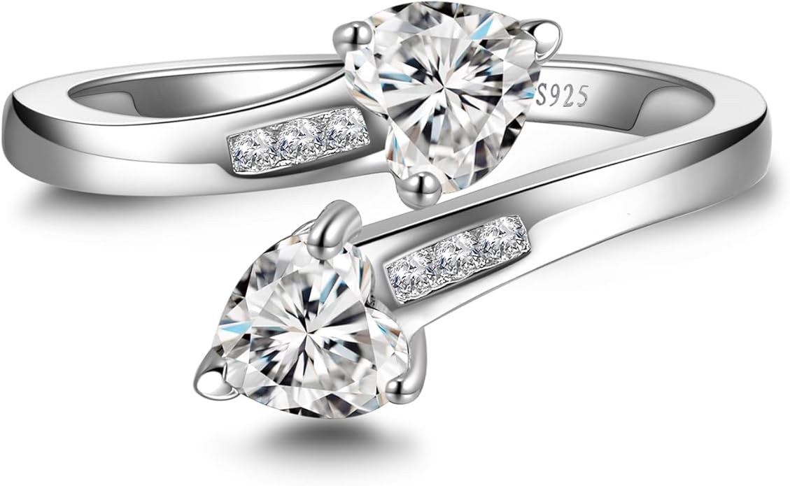 1CT Adjustable Women Heart Ring 925 Sterling Silver Birthstone Rings for Women Promise Ring for her Simulated Gemstone Statement Stackable Band Width 2mm Open Size 5~9