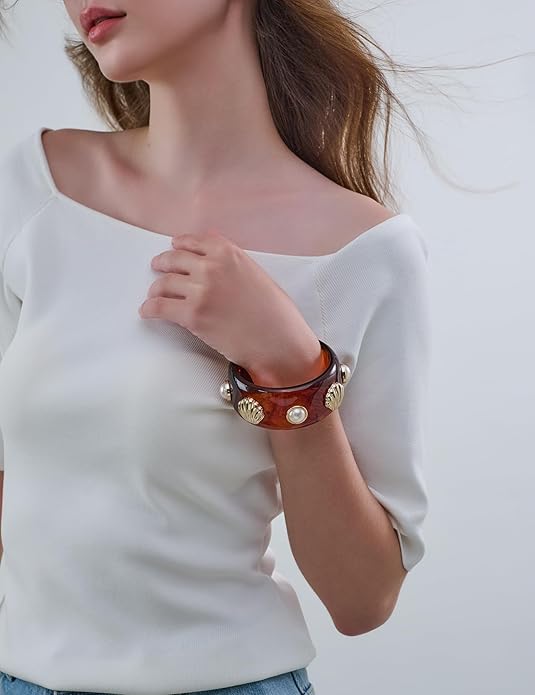 Trendy Acrylic Resin Bangle Bracelet for Women Chunky Transparent Acetate Mottled Plate Bangle Bracelet Statement Jewelry