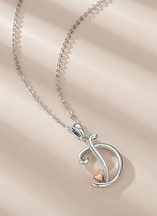 CELESTIA 925 Sterling Silver Initial Necklaces 26 Letter with Rose Gold Heart - 18 Inch Chain