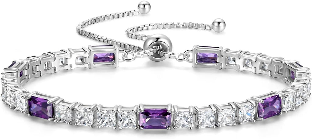 FANCIME Birthstone Bracelet for Women, Sterling Silver 4x6mm Gemstone Tennis Bracelet Bolo Adjustable Chain Fine Jewelry Birthday Gifts for Women Mom Wife Her