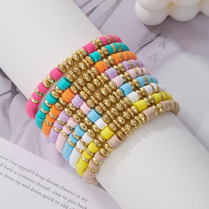 Friendship Bracelets Boho Stackable Bracelets for Women Surfer Heishi Clay Bead Bracelets Stretch Preppy Bracelets Colorful Boho Bracelets for Women