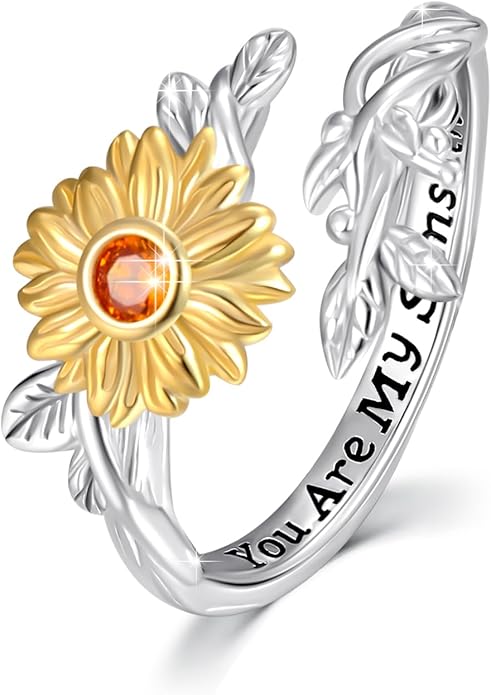 Sunflower Rings for Women, 925 Sterling Silver CZ You are My Sunshine Adjustable Open Band Rings Jewelry Gifts for Girls Size 7-8