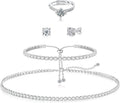 Tennis Necklace Bracelet for Women, Dainty Sterling Sliver Choker Necklace Crystal Link Bracelet Stud Earrings for Women Wedding Jewelry for Bride Jewelry Set Accessories