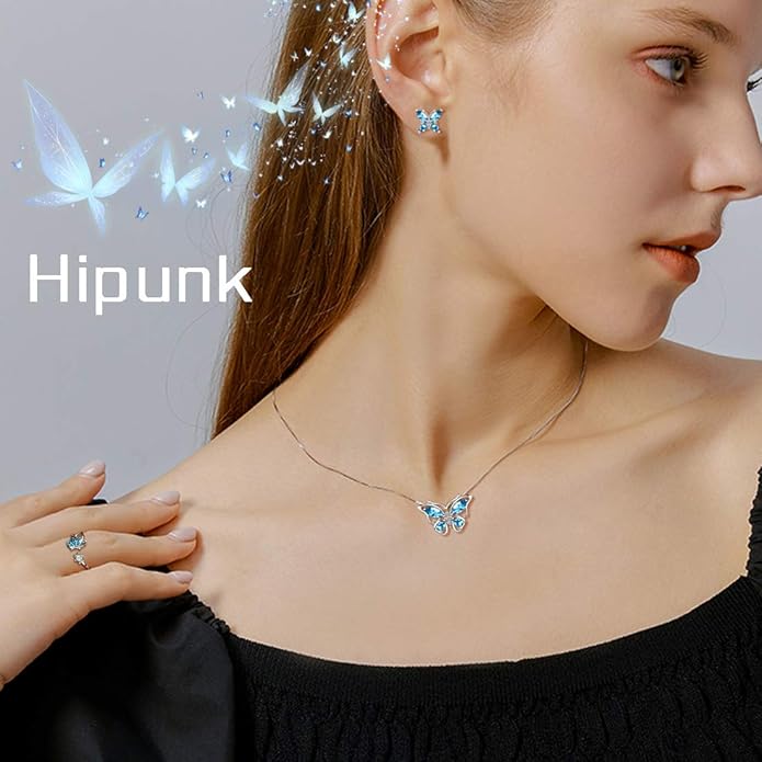 925 Sterling Silver Birthstone Butterfly Jewelry Women Crystal Animal Cute Butterflies Birthday Necklace/Earring/Ring/Bracelet Sets Birth Stone Statement Anniversary Jewellery