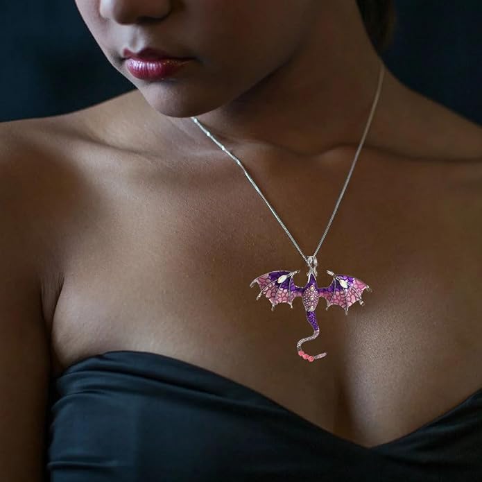 Rrdaily Gothic Dragon Necklace Crystal Enamel Dragon Pendant Necklace Vintage Dragon Animal Necklace Cartoon Flying Dragon Necklace Festival Birthday Jewelry for Men and Women
