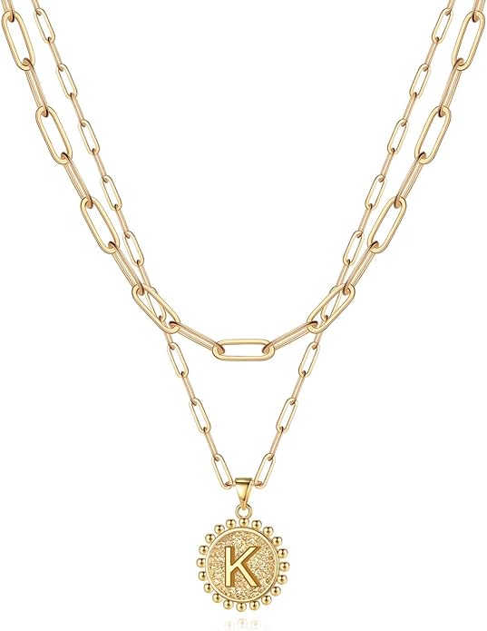 Yoosteel Valentines Gifts for Women Her - Gold Layered Initial Necklaces for Women 14K Gold Plated Dainty Layering Paperclip Link Chain Necklace Coin Initial Necklace Birthday Gifts for Teen Girls