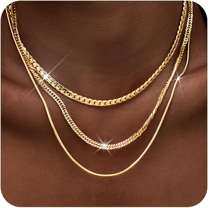 3PCS Gold Necklaces for Women,Chunky Statement Gold Plated Necklace Stack Layered Sterling Silver Herringbone Chains for Women Dainty Trendy Silver Chains Stacked Jewelry Gifts