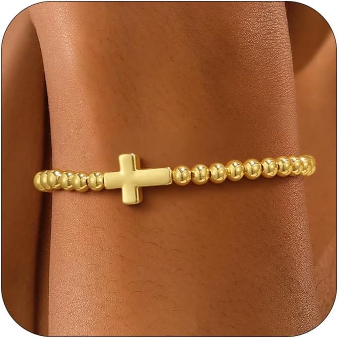 Gold Bracelets for Women, Cute 14K Gold/Silver Plated Stretch Beaded Bracelets for Women Trendy Stackable Charm Bracelet Dainty Adjustable Waterproof Non Tarnish Jewelry Gifts for Her
