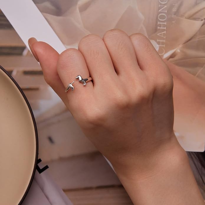 WOSTU Animal Open Adjustable Ring Playful Cat Dachshund Snake Koi Fish Hummingbird Bat Heart Feather Stacking Ring for Women, Sterling Silver Plated Pet Memorial Jewelry Gift for Cat Lovers
