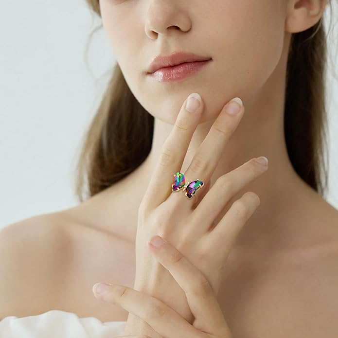 MISS RIGHT Butterfly Crystal Jewelry Set with Butterfly Necklace Stud Earrings Bolo Bracelet Adjustable Ring for Women Trendy, Iridescent Y2K Dainty Butterfly Jewelry Gifts