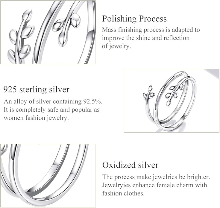 MUNDELL 925 Sterling Silver Simple Multi-layer Leaf Adjustable Ring Green Lucky Leaves Statement Ring for Women Promise Ring Fine Jewelry