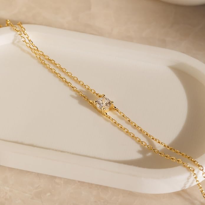 SLOONG Valentines Day Gifts for Her Gold Pearl Bracelets, 18K Real Gold Plated Dainty Stackable Snake Chain CZ Heart Pendant Bracelets, Layered Waterproof Jewelry Gift for Women Adjustable 6"+2"