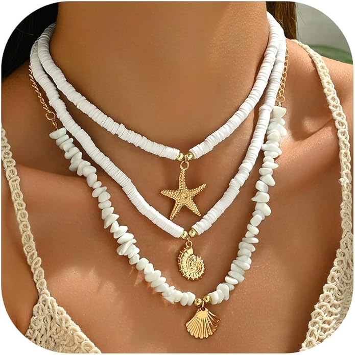 Gold Sea Shell Necklace Layered Charm Necklace for Women Boho Summer Seashell Beach Starfish Necklaces 14k Pearl Chain Surfer Jewelry Beach Vacation Essentials