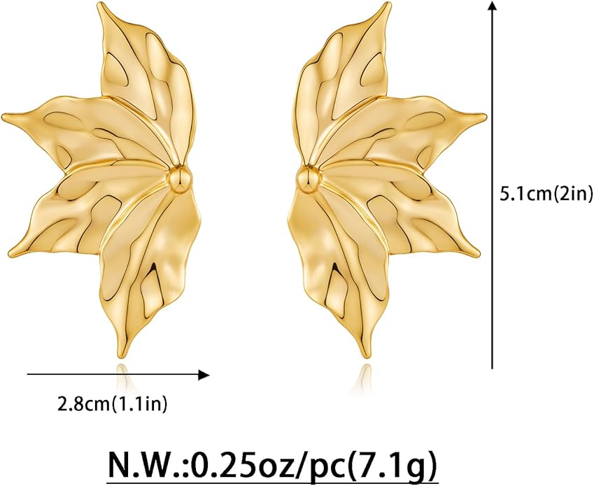 Chunky Gold Statement Earrings For Women Gold Plated Sectored Flower Leaf Shell Angel Wing Earrings Trendy Boho Jewelry For Women Large Stud Earrings Hypoallergenic Earrings