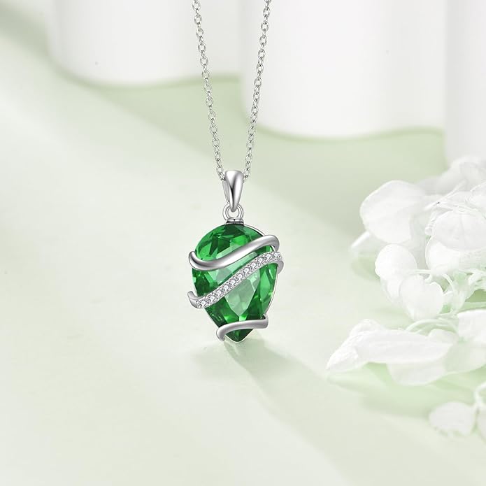 Birthstone Necklace for Women Sterling Silver Teardrop Pendant Necklace Birthday Jewelry Gift for Women