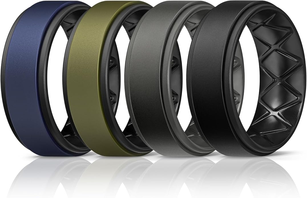 Egnaro Silicone Rings for Men 1/4/5/6/7 Multipack of Breathable Mens Silicone Rubber Wedding Rings Bands - Step Edge