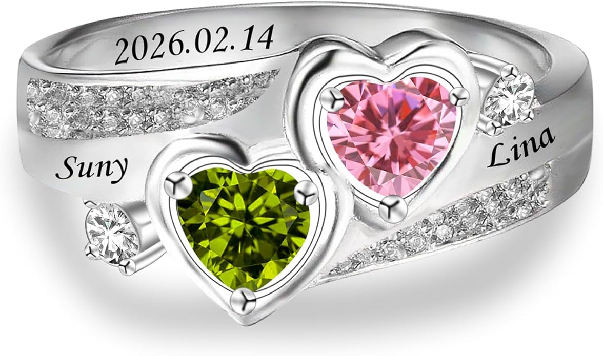 Personalized Heart Birthstone Rings for Women with 2 Birthstones Custom Name Rings for Couple Mother Daughter Jewelry Gift for Mother Her Christmas