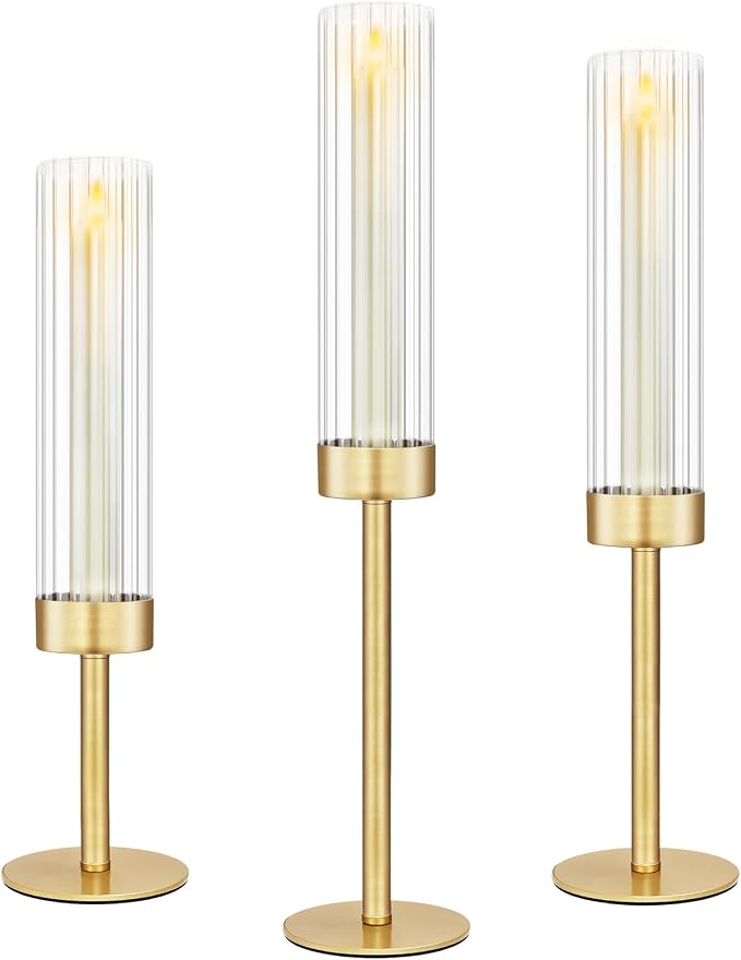 Glass Hurricane Candlestick Holders Gold, KSWING Set of 3 Taper Candle Holders - Image 9