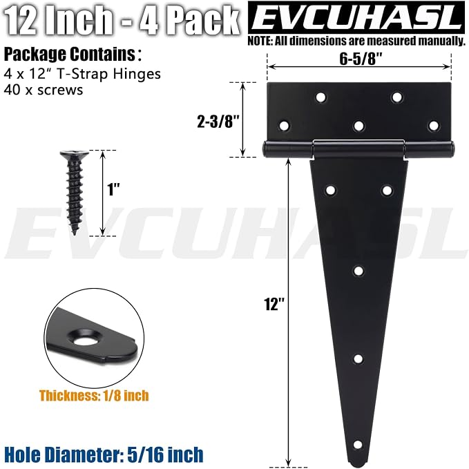 12 Inch T-Strap Gate Hinges, Shed Barn Door Hinges Heavy Duty, Yard Gate - Image 2