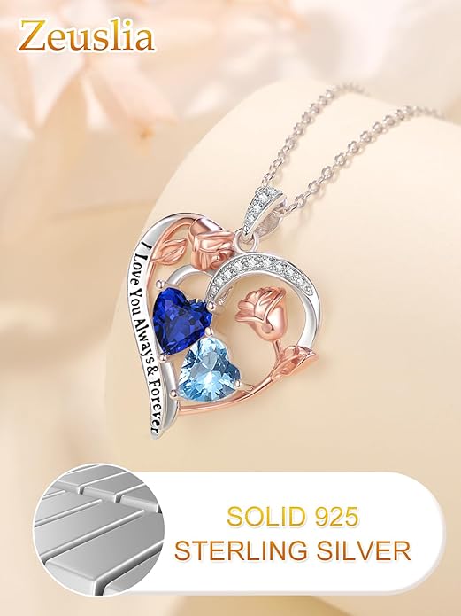 Valentine's Day Gifts for Wife 925 Sterling Silver Double Birthstone Pendant Necklaces I Love You for Always and Forever Necklace Anniversary Birthday Gifts for Wife Girlfriend Mom Her