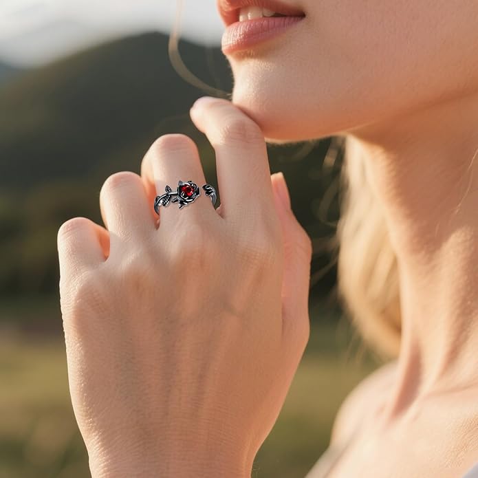 POPLYKE Rose Black Flower Ring For Women Sterling Silver Rings With CZ Jewelry For Women Promise Ring Adjustable Open Ring