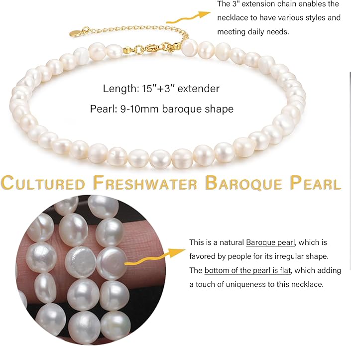 Natural Freshwater Baroque Pearl Necklace 14K Gold Plated Dainty Choker Necklace for Women Girls Snake Chain/Cuban Link/Paperclip/Ball Beaded Chain/Tennis Chain Fashion Jewelry for Gift