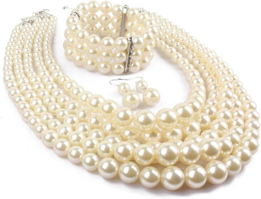 Exaggerated Imitation pearl multi-layer Necklace+bracelet+earring Large pearl necklace Wedding jewelry set for Women's and girls gifts（Multicolor optional）