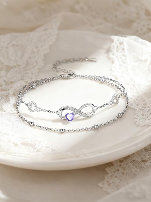 Dorunmo Infinity Heart Anklet Bracelet for Women 925 Sterling Silver Adjustable Infinity Birthstone Bracelet Friendship Jewelry Gifts for Women Birthday Christmas