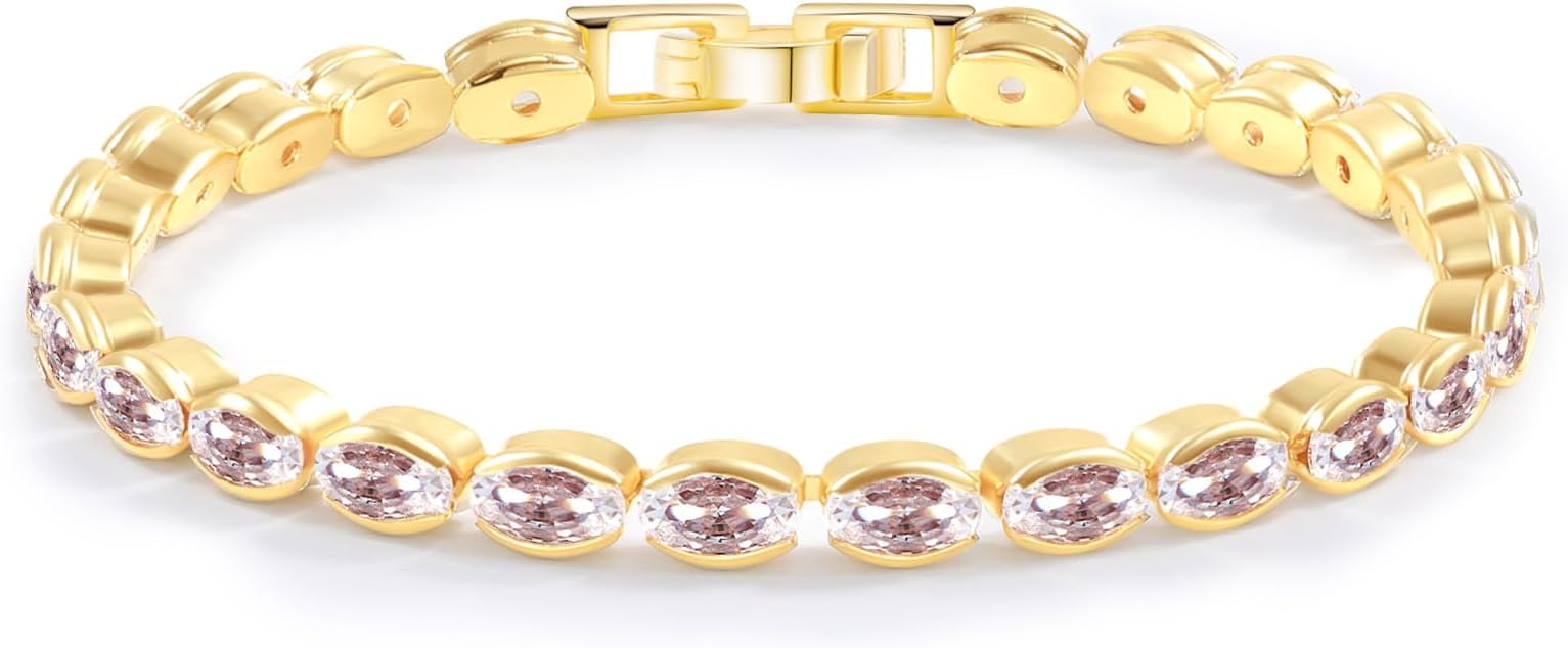 14K Gold Plated Tennis Bracelet for Women – Classic CZ Link Design, Fits 6.0"–7.2" Wrists – Stylish Sparkling Jewelry Gift, Timeless Tennis Bracelets for Women