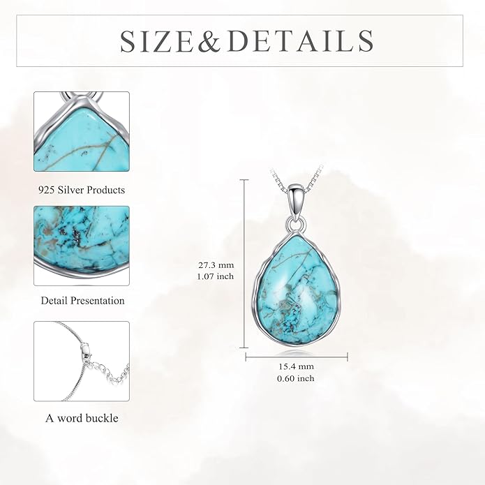 Genuine Turquoise Teardrop Necklace,925 Sterling Silver Native American Boho Western Dainty Pendant Real Gemstone Jewelry Birthdays Gift for Women Minimalist Lover