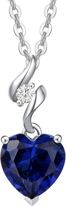 AGVANA Valentines Day Gifts 14K Solid White Gold Diamond Gemstone Pendant with Sterling Silver Chain 8mm Heart Birthstone Necklace Fine Jewelry Anniversary Birthday Gifts for Women Mom Wife
