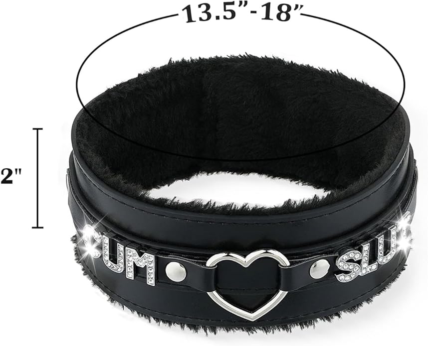 Pink Furry Heart O-ring Leather Choker Collar For Women, Handmade Punk Gothic Letter Necklace Adjustable Fashion Jewelry