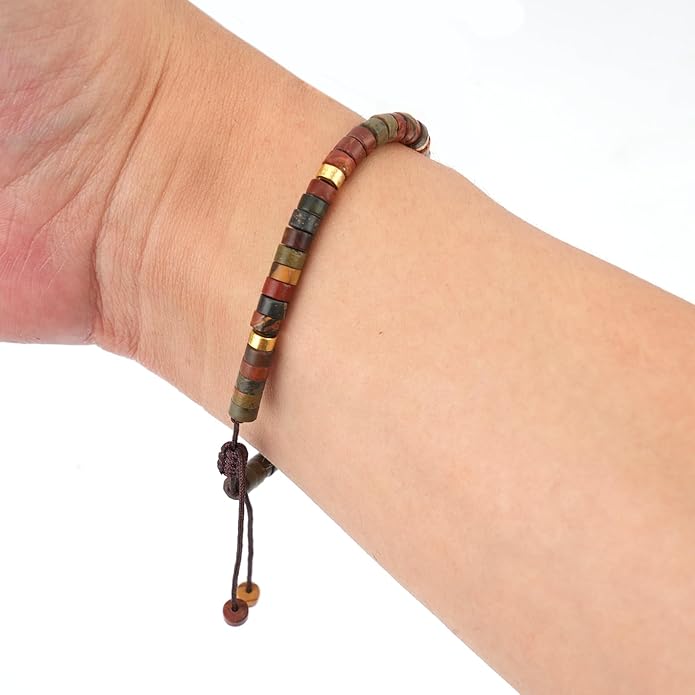 Adjustable Natural Stone Bracelet Set for Women & Men, Handmade Stretchable Beaded Bracelets (Crazy Agate/Blue Emperor/Red Wood Grain/Tiger Eye/Red Turquoise) - Christmas Gift for Her, Him, Friends, Family, Mom, Dad, Teacher, Grandparents