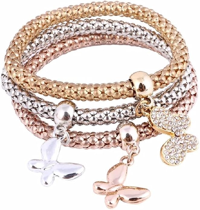Crystal Charms Multilayer Bracelets - 3PCS Gold/Silver/Rose Gold Corn Chain Bracelet for Women, Tree of Life Heart Shaped Stretch Bracelet