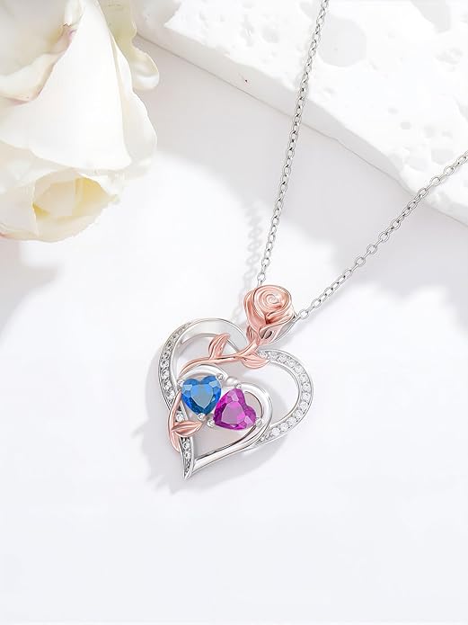 Rose Flower Heart Pendant for Women Birthday Gifts 18k Gold Plated Mother Daughter Necklace with 12 Months Birthstone Christmas Valentines Day Gifts for Her Mom Anniversarry Jewelry for Mom Wife Girlfriend