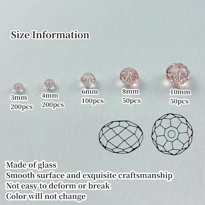 600pcs Crystal Glass Beads 3mm 4mm 6mm 8mm 10mm Rondelle Faceted Crystal Beads Spacer Beads for Necklace Bracelet Earrings DIY Jewelry Crafts Making Supplies(Light Pink)