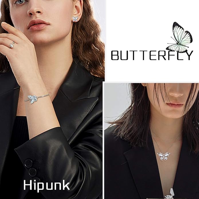 925 Sterling Silver Birthstone Butterfly Jewelry Women Crystal Animal Cute Butterflies Birthday Necklace/Earring/Ring/Bracelet Sets Birth Stone Statement Anniversary Jewellery