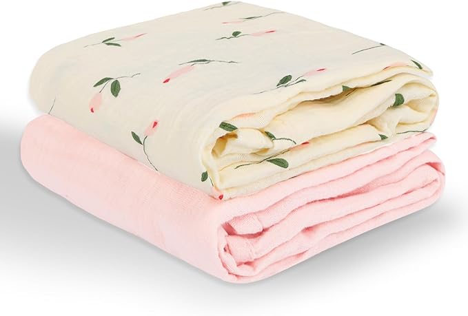Muslin Swaddle Blankets for Newborns, 2 Pack Large 40 x 40 Inches, 100% Cotton Receiving Blankets, Soft and Breathable Baby Swaddles, Baby Essentials for Girls, Shower Gift, Floral and Pink