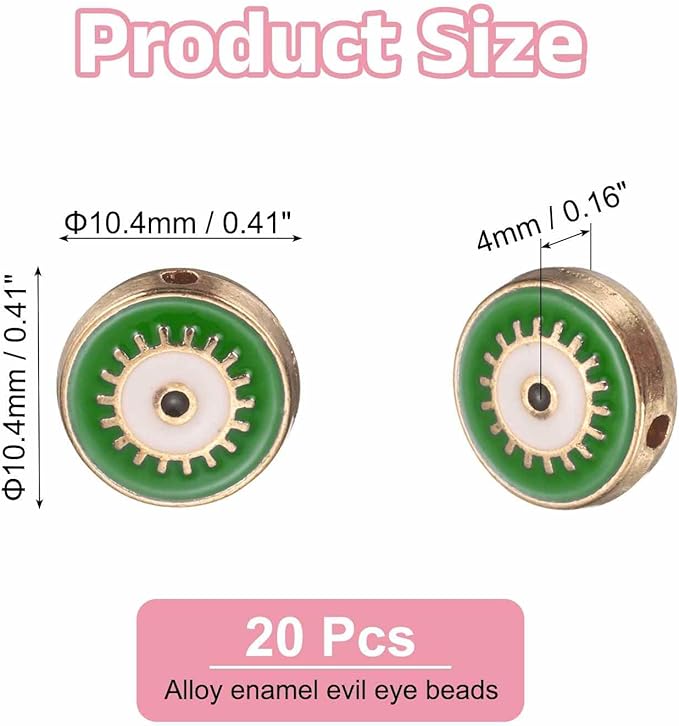 MECCANIXITY 20 Pcs Flat Round Evil Eye Beads Colorful Flat Loose Spacer Evil Eye Charms for DIY Bracelet Earrings Necklace Crafts Jewelry Making, Green