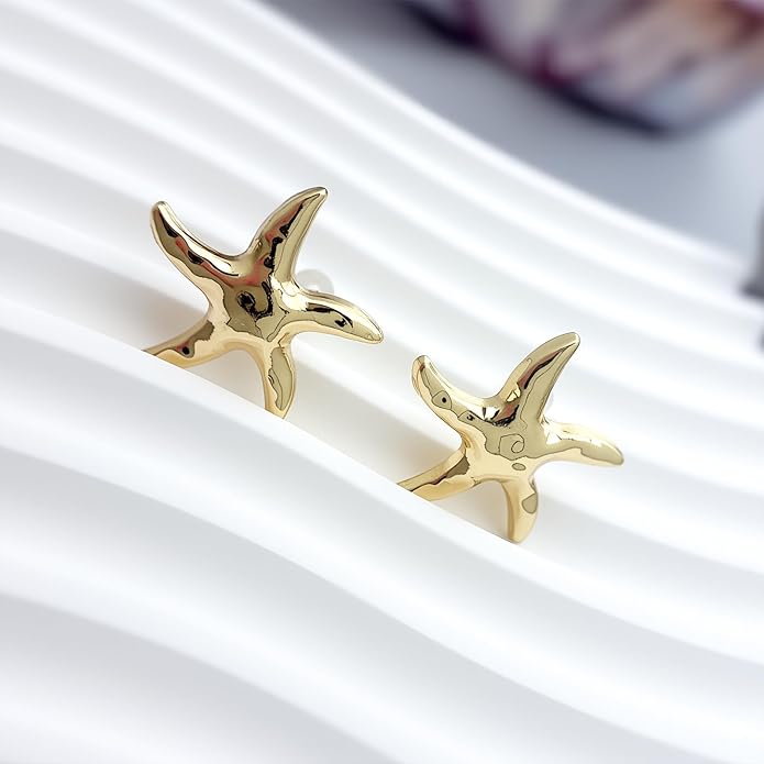 14K Gold Plated Shell Starfish Dainty Pearl Earrings for Women Trendy 4 Pairs Summer Beach Vacation Earrings for Women Ocean Jewelry Valentine's Jewelry Gifts