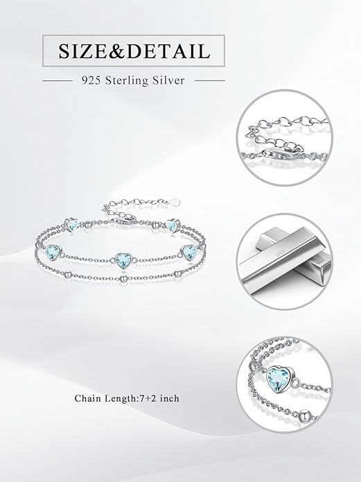 Birthstone Anklet/Bracelets for Women 925 Sterling Silver Charm Link Double Strand Heart Birthstone Jewelry Gift for Wife Women Mother's Day Gift
