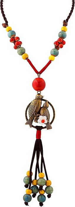 MINACHI Boho Hippie Colorful Ceramic Beads Strand O Ring Circle Charm Long Y Necklace, Vintage Bohemian Statement Jewelry Gift for Women