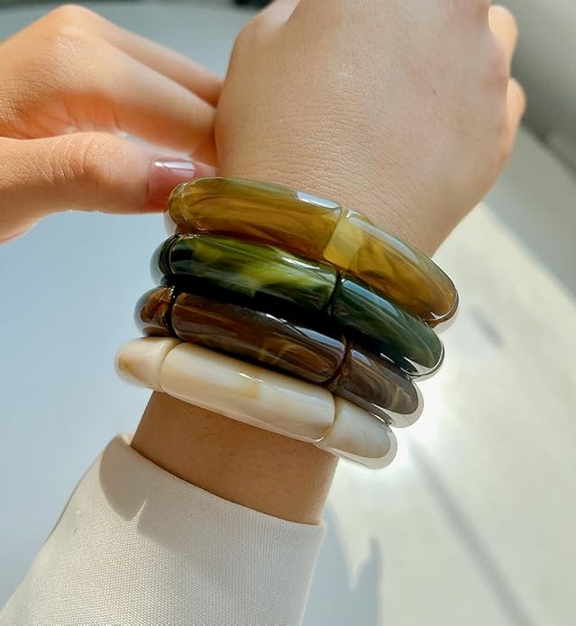 iF YOU 6pcs Chunky Acrylic Bangle Bracelets for Women, Resin Bamboo Brown Stretchy Bracelet Stack, Fashion Jewelry for Women