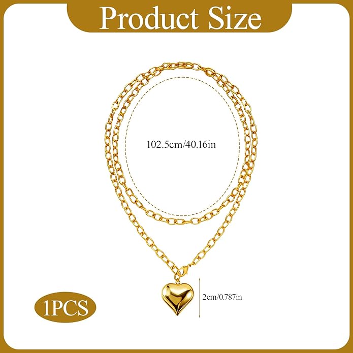 16k Gold Plated Chunky Statement Necklace for Women, Bold Thick Layered Puffy Heart Design, Long Gold Jewelry, Trendy Women's Fashion Necklace