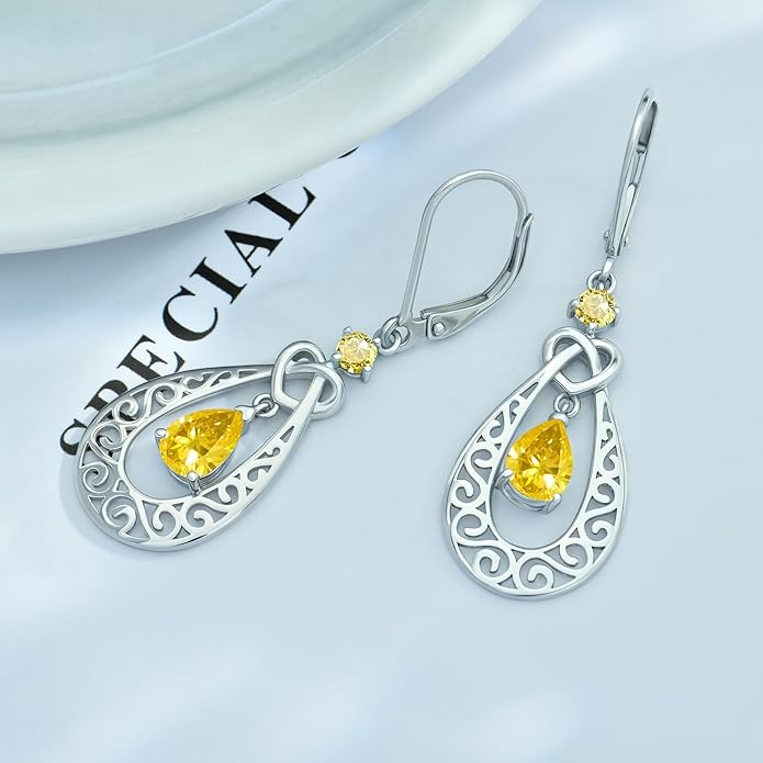 Teardrop Birthstone Dangle Drop Earrings Sterling Silver Infinity Filigree Leverback Earrings, Infinity Love Birthday Anniversary Valentines Day Gifts for Her Women Mom Wife